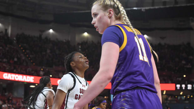 South Carolina guard MiLaysia Fulwiley (12) reacts after scoring near Louisiana State University guard Hailey Van Lith (11) during the second quarter of the SEC Women's Basketball Tournament Championship game at the Bon Secours Wellness Arena in Greenville, S.C. Sunday, March 10, 2024.
